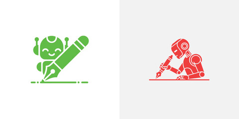 Two Robots Writing with Pen Icons; Green Smiling Bot, Red Cyborg, Transparent