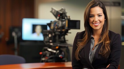 Female anchor sitting at a modern desk with a professional microphone, ring light, and laptop, hosting a live stream or recording a video, with a neat backdrop of shelves holding books or decorative
