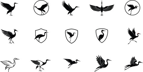 Collection of Black Crane and Heron Bird Silhouettes for Logos .