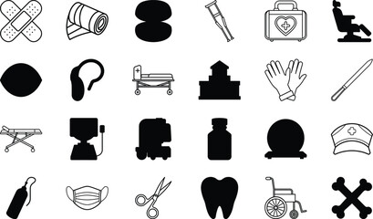 Hospital Equipment, Doctor and Nurse Symbols, First Aid Kit, Microscope, Stethoscope, Wheelchair, Oxygen Cylinder, Surgical Instruments, Medical Gloves, Bed, Tooth, Mask, and Health Care Vector Design