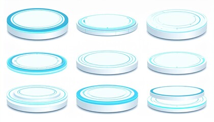 Futuristic glowing circular platforms, various heights and designs