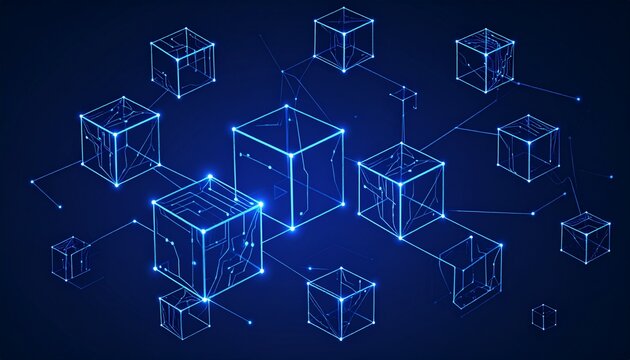 Interconnected glowing blue cubes forming a network - Powered by Adobe