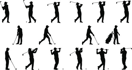 Black silhouettes of male and female golfers in various poses on white background sport swing
