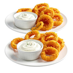 Two plates of golden fried onion rings with creamy dipping sauce, white dishes