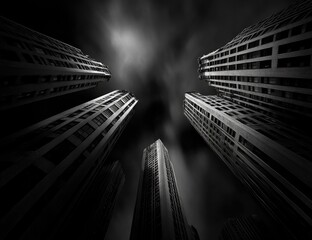 Skyscraper view, worm's-eye, into monochrome, dramatic sky