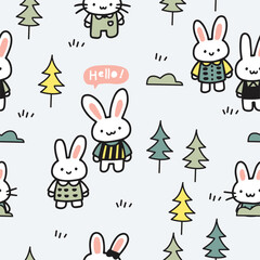 Adorable Rabbits and Tree Cartoon Vector