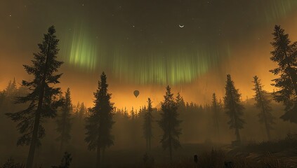 Forest aurora emerald sky over silhouetted pines