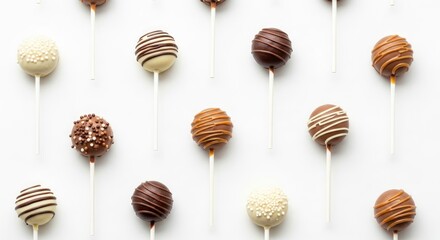 Multiple spherical chocolate-covered treats on sticks adorned with various sprinkles and drizzles are arranged against a bright white background