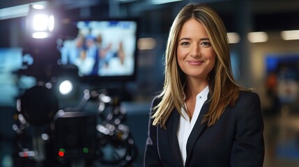 Female anchor sitting at a modern desk with a professional microphone, ring light, and laptop, hosting a live stream or recording a video, with a neat backdrop of shelves holding books or decorative