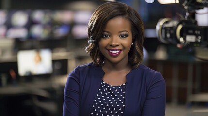 Female anchor sitting at a modern desk with a professional microphone, ring light, and laptop, hosting a live stream or recording a video, with a neat backdrop of shelves holding books or decorative