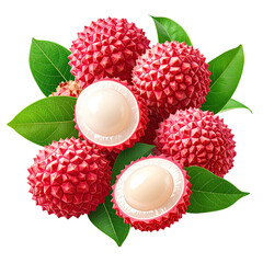 Vivid image of several red textured fruits, some halved to reveal white flesh. Green leaves surround