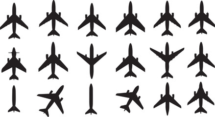 Collection of Black Airplane Silhouettes Top Down View aircraft