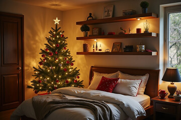 Interior of bedroom with Christmas tree, shelves and glowing lights. Front view. 3d rendering.
