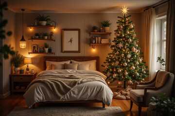 Interior of bedroom with Christmas tree, shelves and glowing lights. Front view. 3d rendering.
