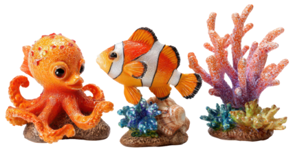 Aquarium decorations including an octopus clownfish and coral isolated on transparent background