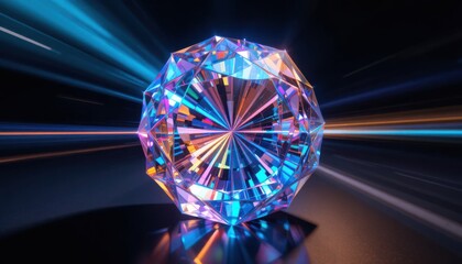 Chromatic aberration light refraction effect across a geometric crystal, no background, PNG export, studio lighting.