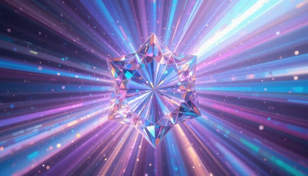 Chromatic aberration light refraction effect across a geometric crystal, no background, PNG export, studio lighting.