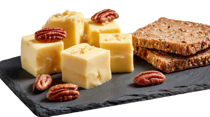 Butter cubes topped with pecans and served with rye bread isolated on transparent background