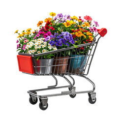 A shopping cart overflows with vibrant potted flowers against a black background