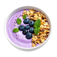 Overhead shot of a white bowl filled with yogurt, granola, blueberries, and mint leaves
