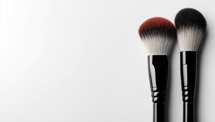Two makeup brushes, one red, one black, on white background