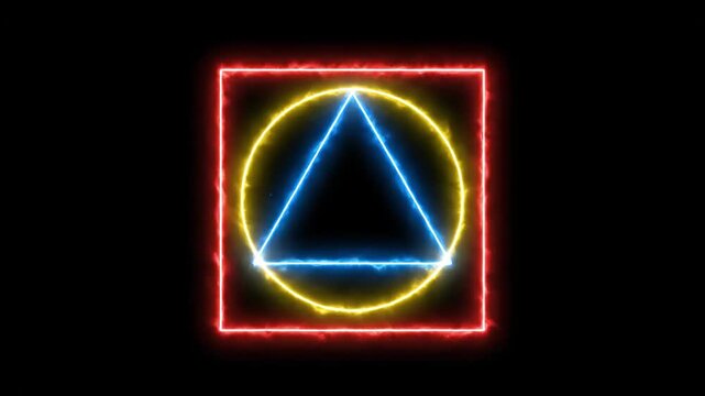 Abstract 4k footage of fiery glowing geometric shapes featuring a red square, yellow circle, and blue triangle in a seamless animation loop for motion graphics and visual effects