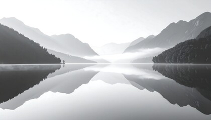 Tranquil grayscale lake reflecting misty mountains