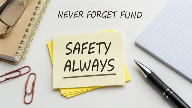 Reminder Note on Safety Fund with Stationery Items on a Desk for Financial Planning and Organization
