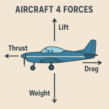 Illustrated airplane showing four aerodynamic forces: lift upward, weight downward, and opposing thrust and drag.