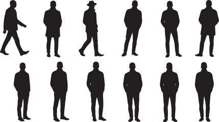 Collection of black male silhouettes in various poses and outfits on white background person people