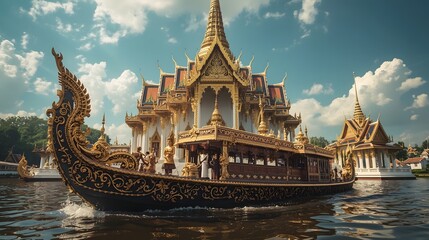 Thai Royal Barge Suphannahong in Front of Temple