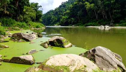 Tranquil riverbanks covered in green algae, surrounded by lush jungle