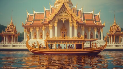 Thai Royal Barge Suphannahong in Front of Temple