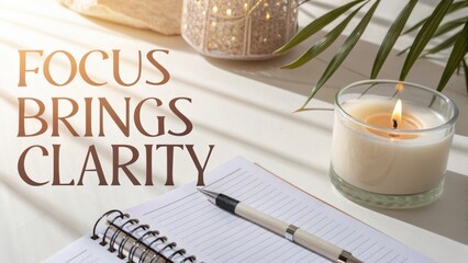 Inspirational quote about focus and clarity with candle, notebook, and natural decor on a serene workspace