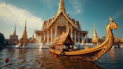 Thai Royal Barge Suphannahong in Front of Temple