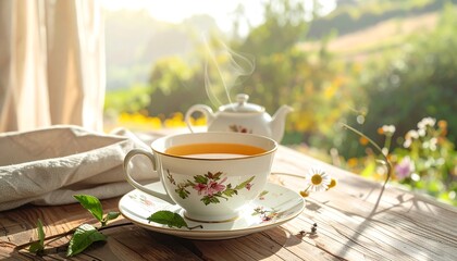 Tranquil tea scene by window