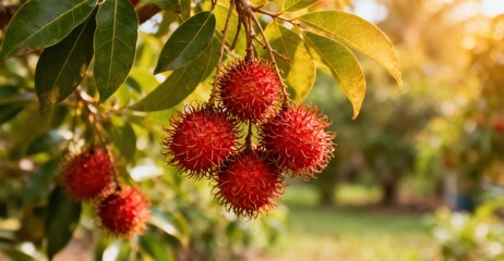 Obraz premium Ripe red rambutan fruits hang on a leafy branch in tropical sunlight.