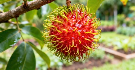 Juicy red exotic fruit with green spikes hangs from a branch.
