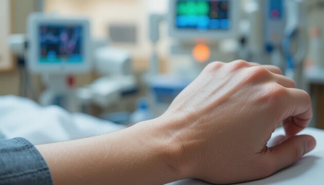 Close-up of a patient’s hand with a pulse oximeter attached, blurred hospital equipment in the background, clinical environment. - Powered by Adobe