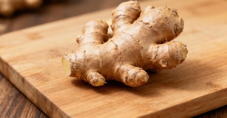 Fototapeta premium Fresh ginger root rests on a wooden cutting board for cooking.