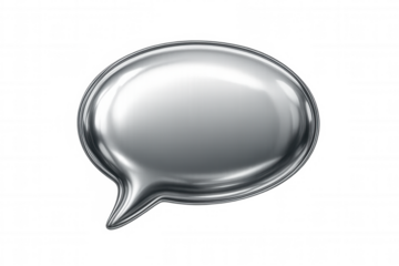 Chrome speech bubble icon representing communication, chat, dialogue, social media, and instant messaging with transparent background