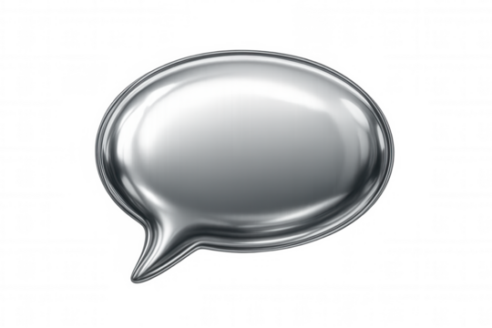 Chrome speech bubble icon representing communication, chat, dialogue, social media, and instant messaging with transparent background