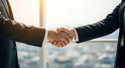 Business Partners Closing a Deal with Handshake in Modern Office with Window.