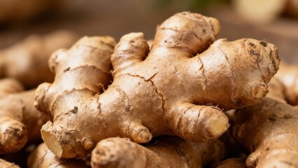 Fototapeta premium Whole ginger roots are piled and displayed in a close-up, natural light.