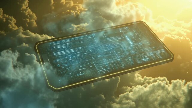 Futuristic tablet with glowing digital interface floating clouds, advanced technology innovation, dreamy surreal atmosphere, cloud based floating
