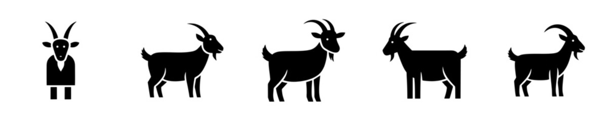 Minimalist vector illustration set showcasing various black goat silhouettes, perfect for farm animal themes, nature designs, and graphic icons