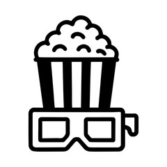 Popcorn tub + 3D glasses icon — movie night entertainment symbol with cinema snack and eyewear
