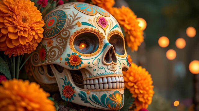 Colorful sugar skull with glowing eye surrounded by vibrant marigold flower, decorative and festive, cheerful Day of Dead celebration, colorful