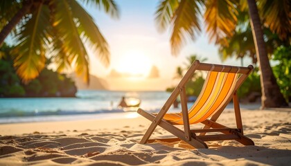 Tropical beach chair at sunset