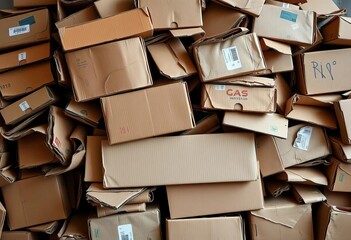 Pile of discarded, aged cardboard boxes, showing wear and tear, recycling, vintage